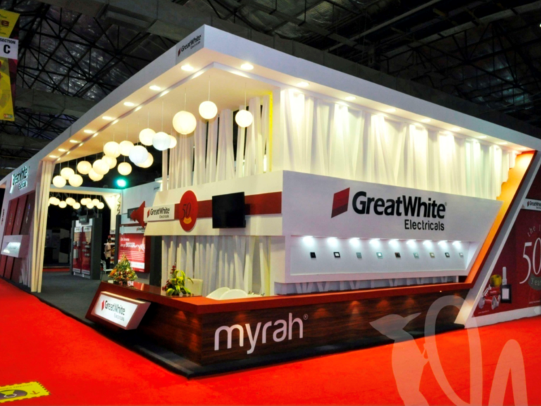 Beautiful exhibition stand designed by woodpeckersglobal for Greatwhite Electrical