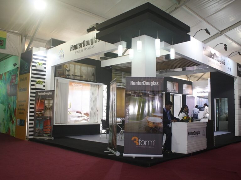 2 sided open exhibition booth for hunterdouglas by woodpeckersglobal