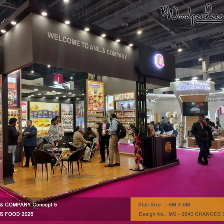Creative exhibition stall decoration ideas showcasing a modern 6x6 exhibition booth design with premium branding, product displays, and visitor engagement at a trade show in 2026.