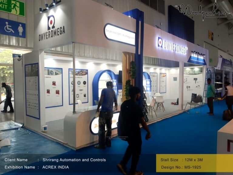 Shrirang Automation and Controls exhibition stall featuring DwyerOmega branding, illuminated product displays, modern blue and white booth design, and open meeting spaces at an industrial trade show.